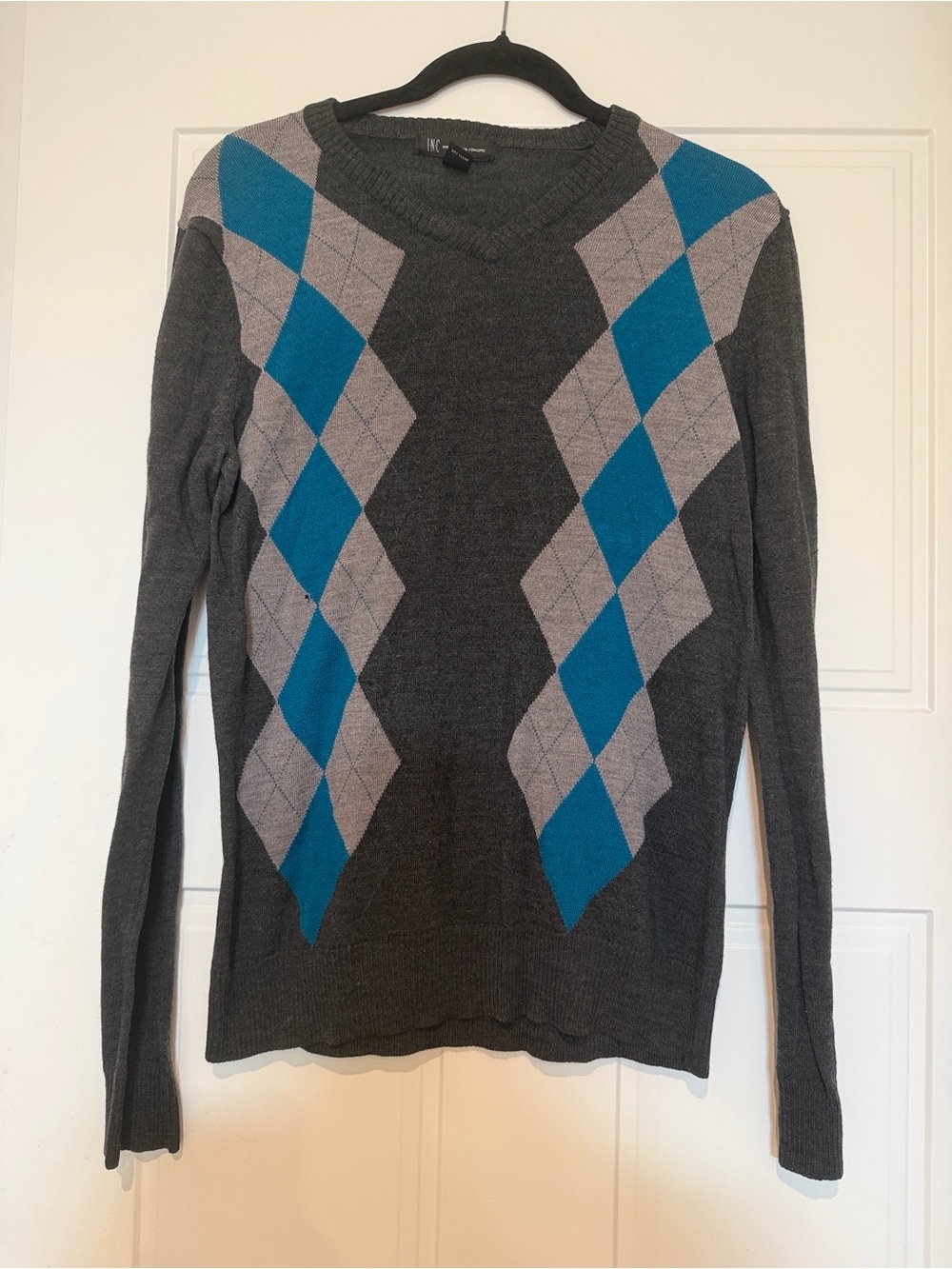 INC International Concepts Gray Argyle Sweater with Teal Accents